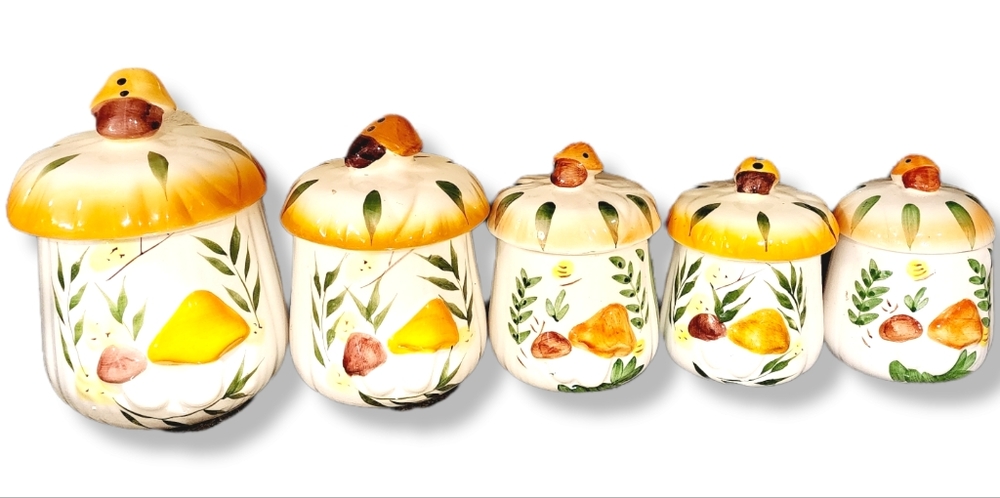 Set of 5 whimsical mushroom butterfly ceramic canisters